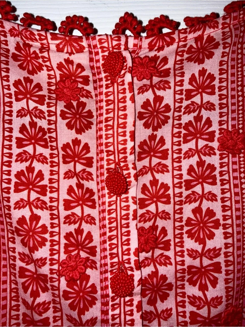 FARM RIO Flora Tapestry Appliqué Puff Sleeve Red Beaded Button Back Blouse XS S